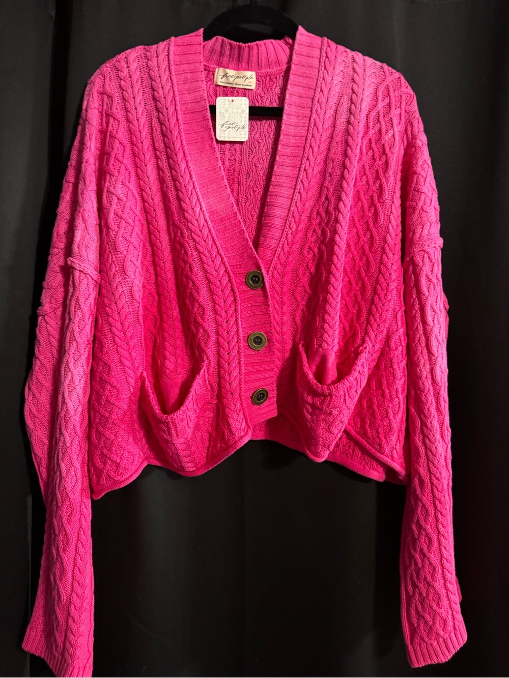 Free People Oversized Pink Cable Knit Button-Front Cardigan